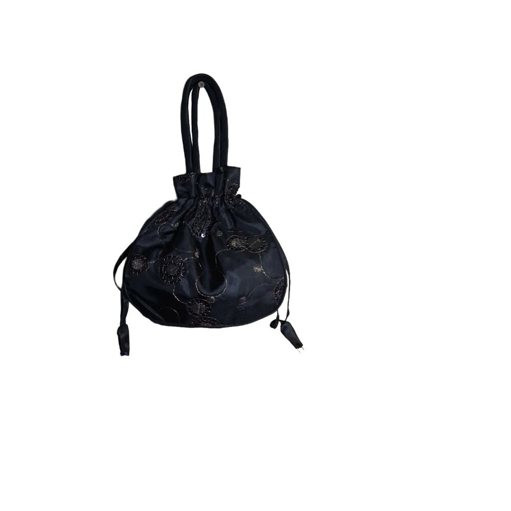 Small black satin wristlet bag with delicate stitiching